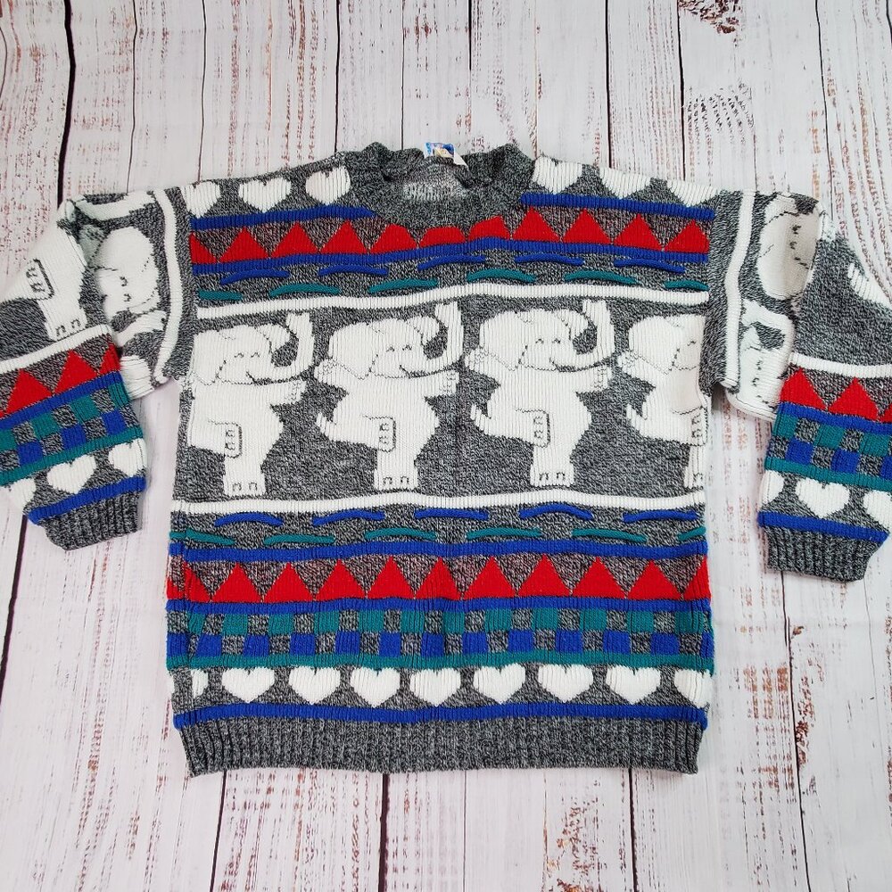 Vintage Rose Sweater Womens S/M Gray White Dancing Elephants Hearts Acrylic Knit